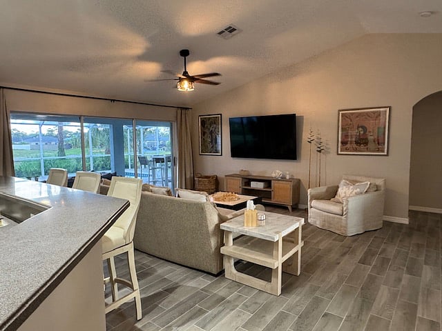 Open living area, 75" smart TV