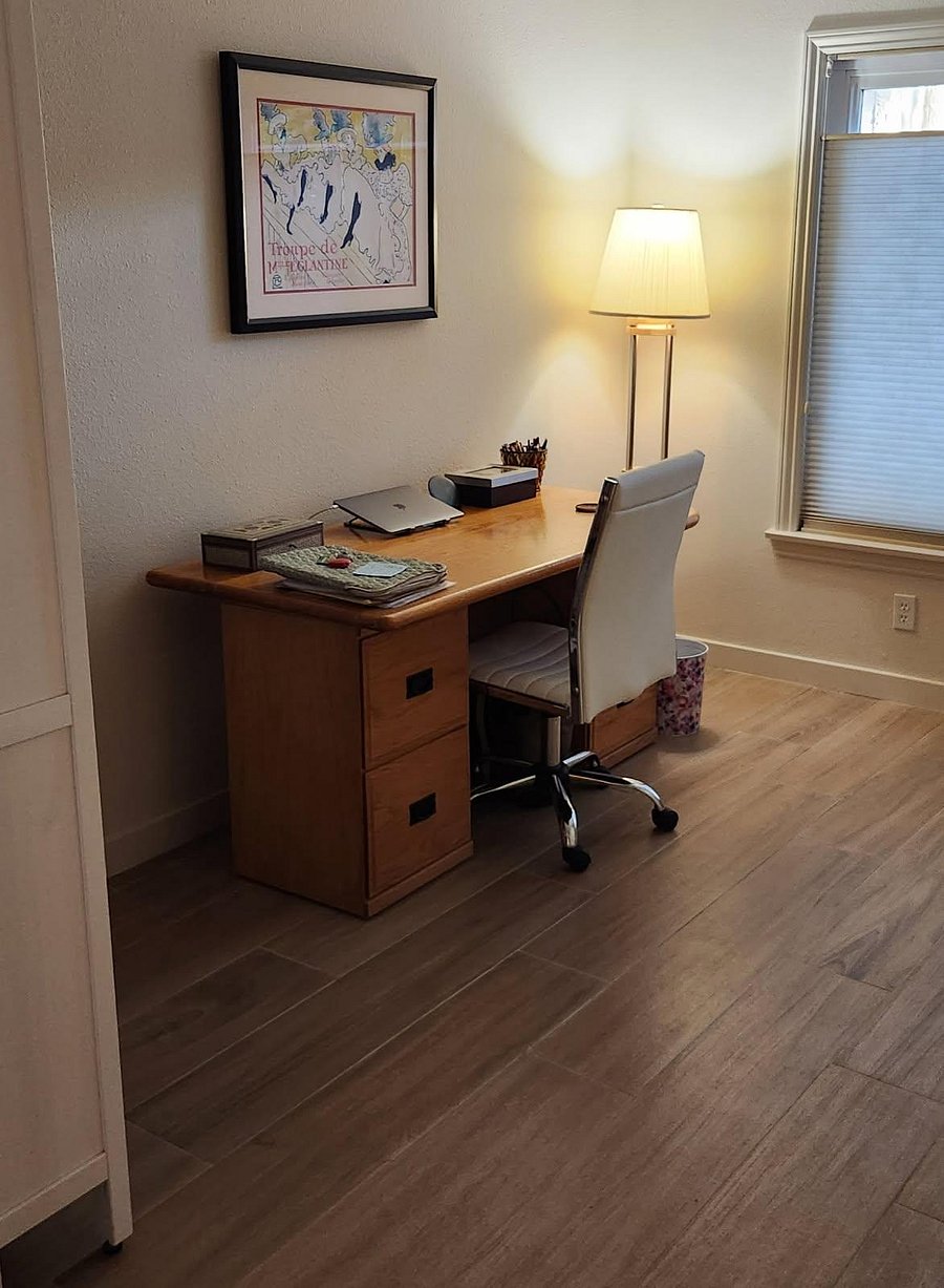 Office set up. This room doubles as a guest room and has a comfortable twin electic blow-up mattress. Plan to get a permanent twin loveseat that is also a bed. 