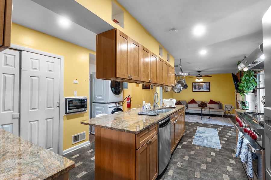 Long marble countertops.