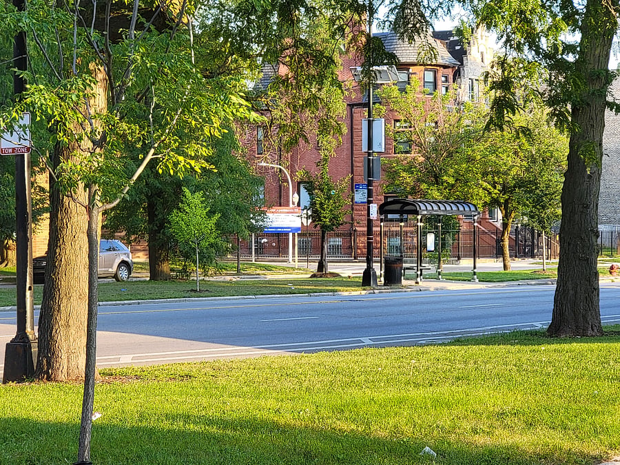 View of north-going bus stop from property.