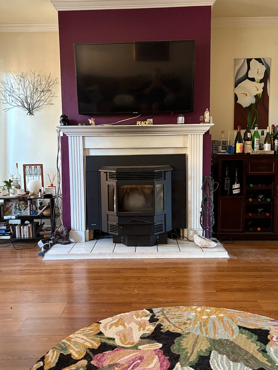 The view of pellet stove and television from couch.
