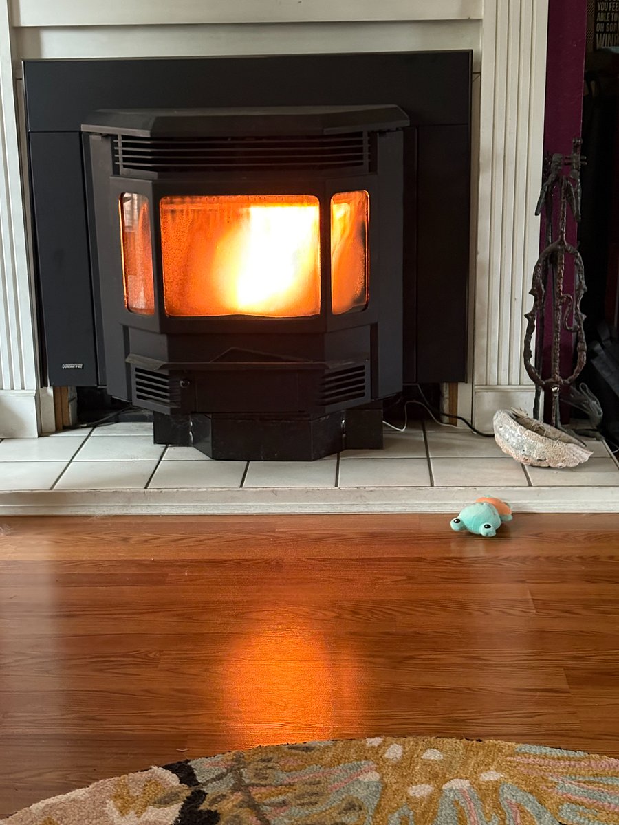 The pellet stove adds warmth and a very cozy space when it's cold and raining outside. 