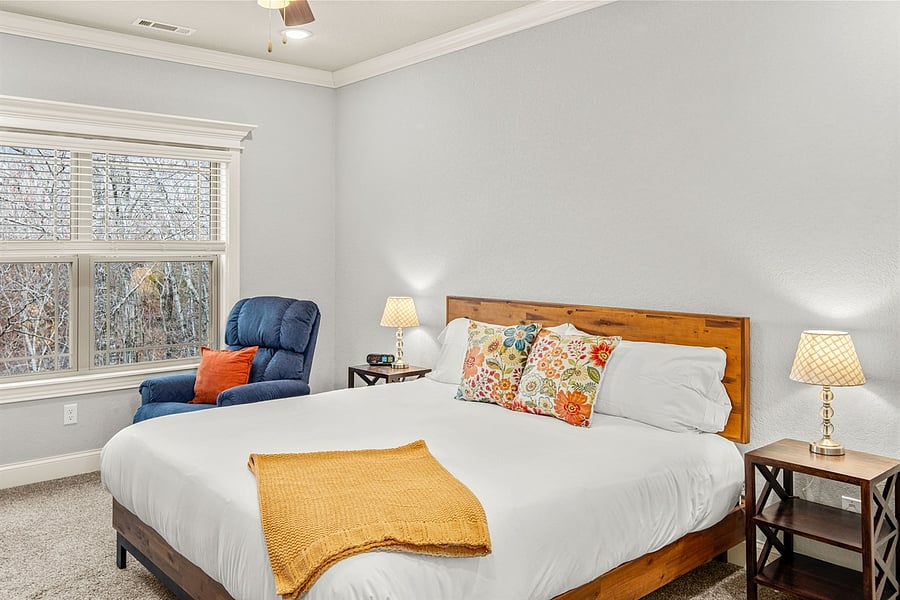 Main Bedroom on First Floor with beautiful views right from your king-sized memory foam bed.  