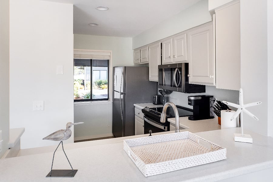 Living Room with 50 inch Smart TV and pull-out queen sofa bed with memory foam mattress.