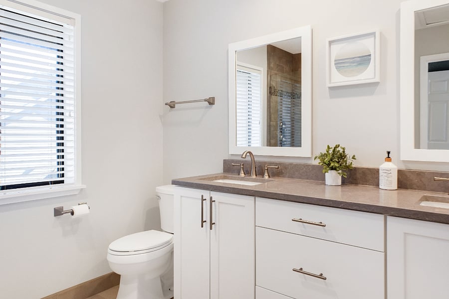Upstairs bath with double vanity and step-in shower