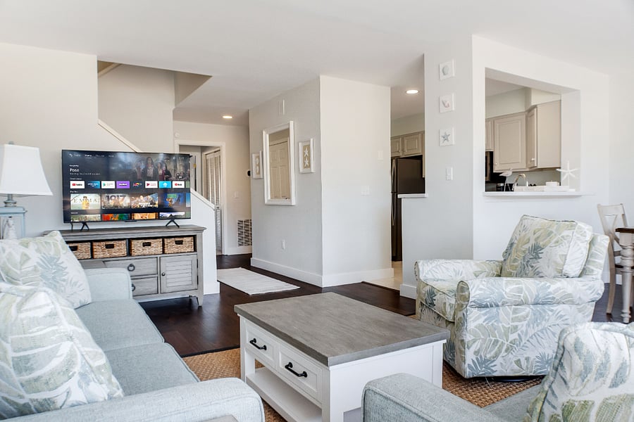 Living Room with 50 inch Smart TV and pull-out queen sofa bed with memory foam mattress.