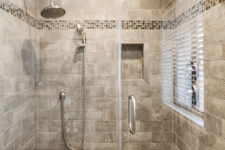 Upstairs walk in shower Upstairs bath with double vanity and step-in shower