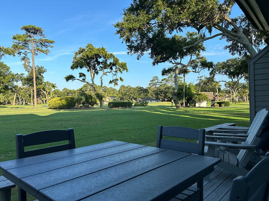 outdoor dining view from the back patio - Hole #7 Fazio Golf Course.  BBQ on the deck.  