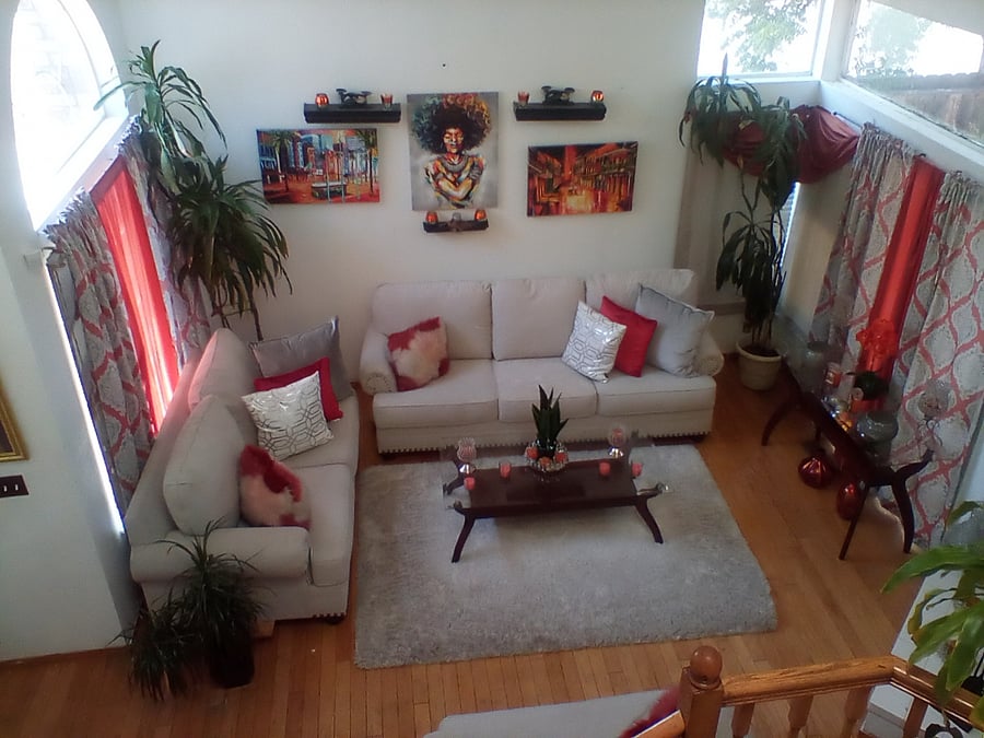 Living room view from the top of the stairs.