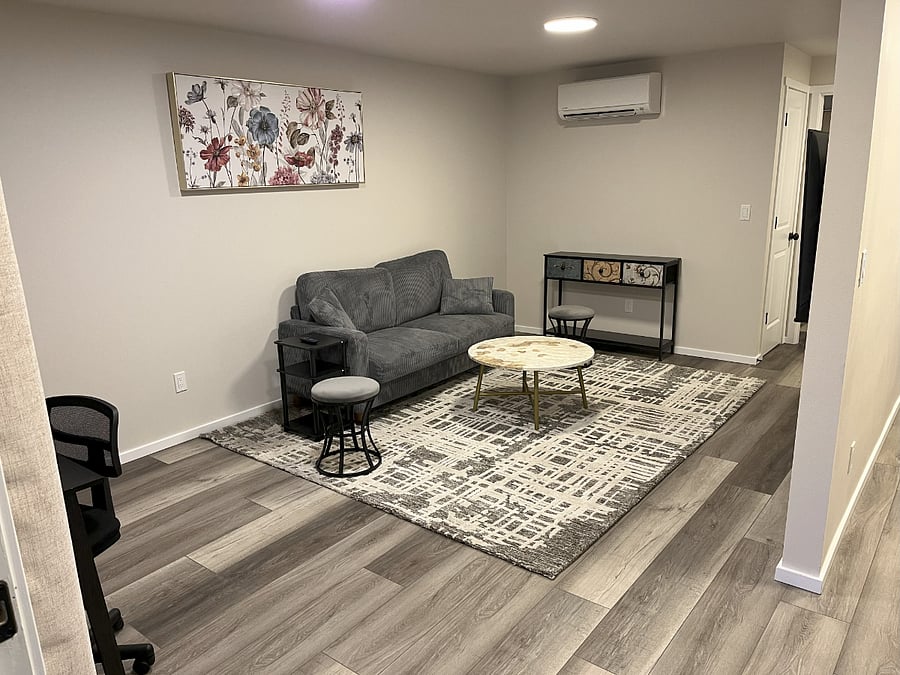 couch, cozy rug, Air conditioning, heat.
