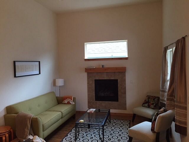 Our living room features a gas fireplace. 