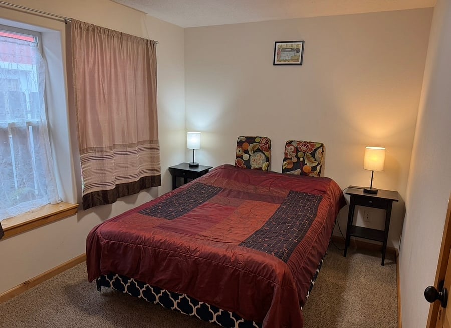 Bedroom 2 with queen bed, large closet and bookshelves. 