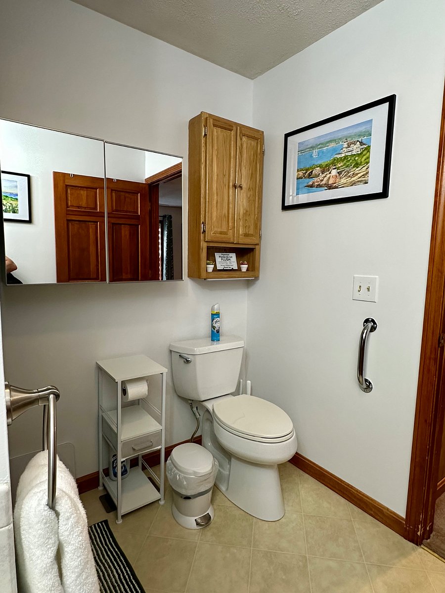 Additional medicine cabinet and over the toilet cabinet for additional storage.