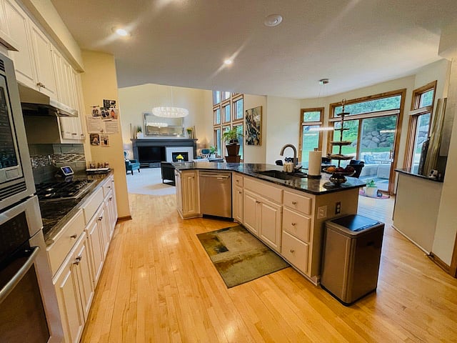 Open floor plan with kitchen, living, and outdoor space.