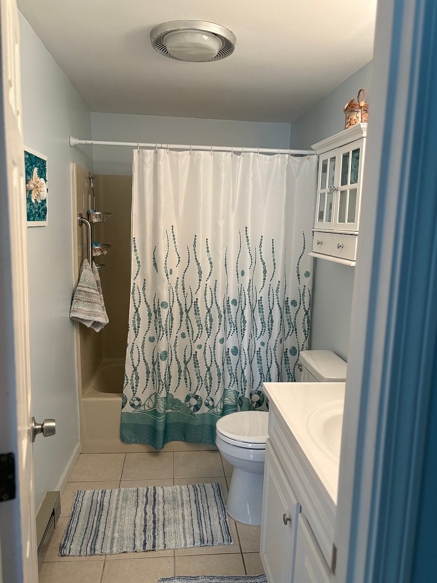 Full Bathroom: Tub & Shower. Single Sink and two Cabinets.