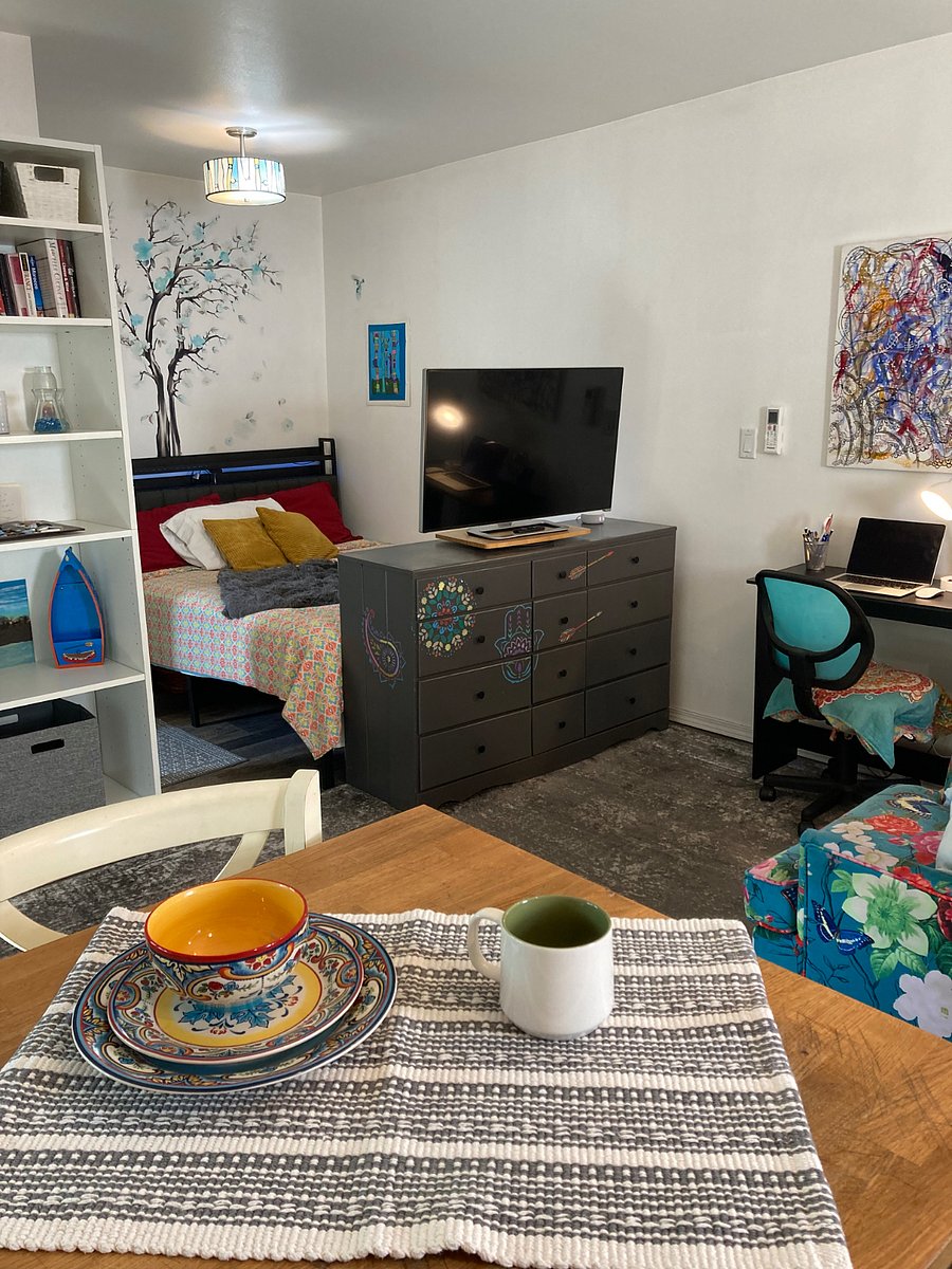 Large dresser and queen size bed. The TV swivel so you can watch it from the Living area or the bed.