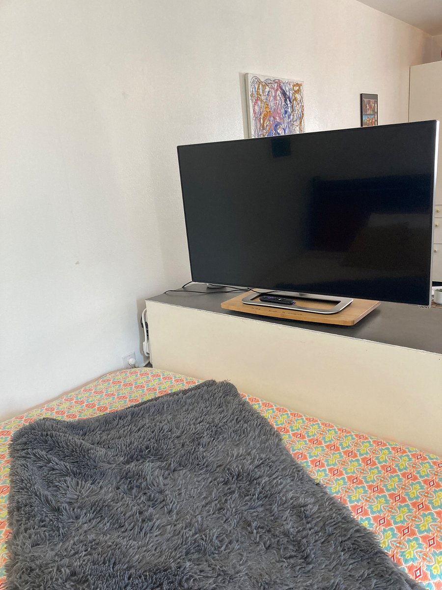 TV swivels to watch from the bed or the living area
