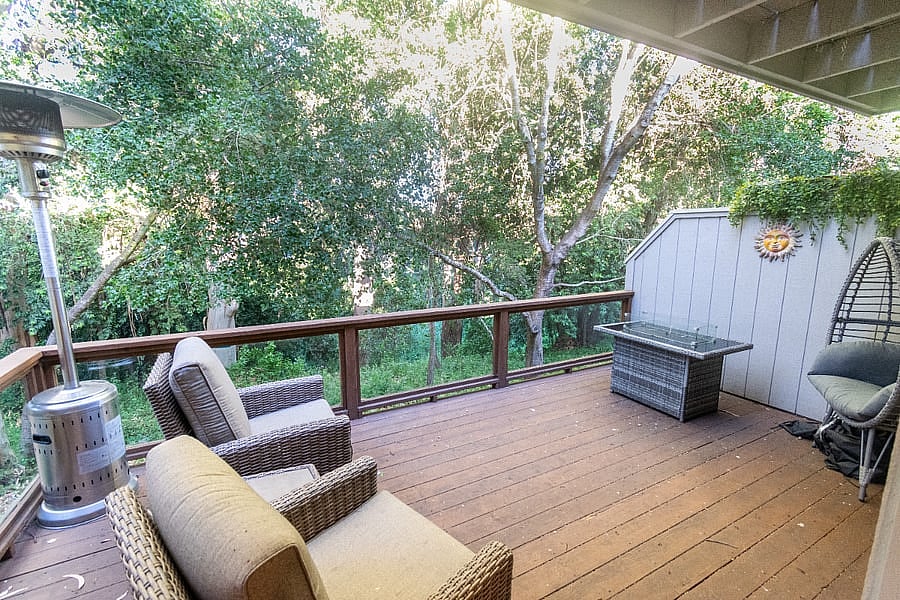 Newly furnished super comfy cushioned chairs/recliners on patio deck.