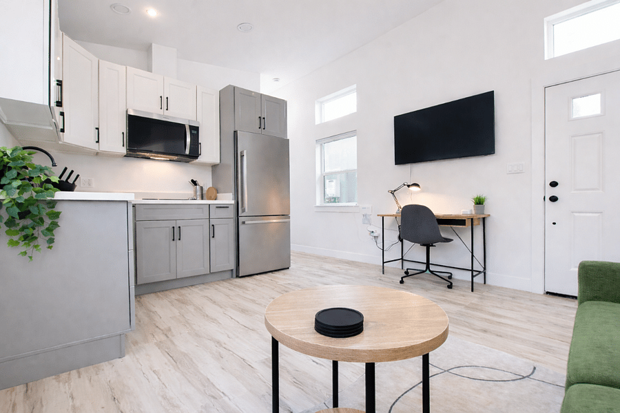 Modern kitchen with stainless appliances and plenty of cabinet space