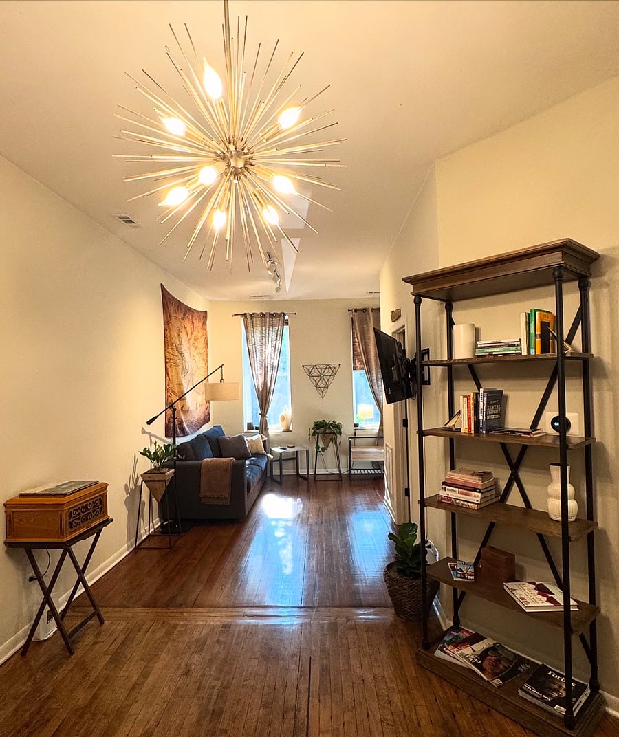 Living room with a pull out couch (full mattress) for your guests.
