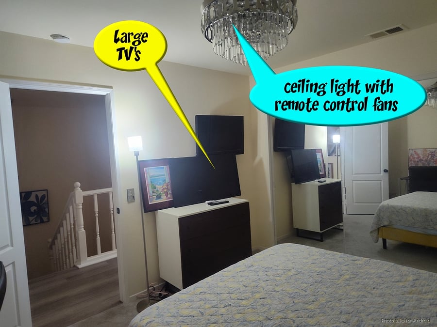 Remote conyrol chandelier lights have recessed fans. Comfortable temperature with cool breezes from.Pacific Ocean