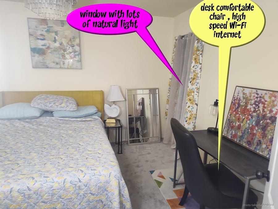 Each bedroom has desk, chair. TV mounted to wall, ceiling fan, mirror, queen bed with new pillows & all types of linens available in hall closets