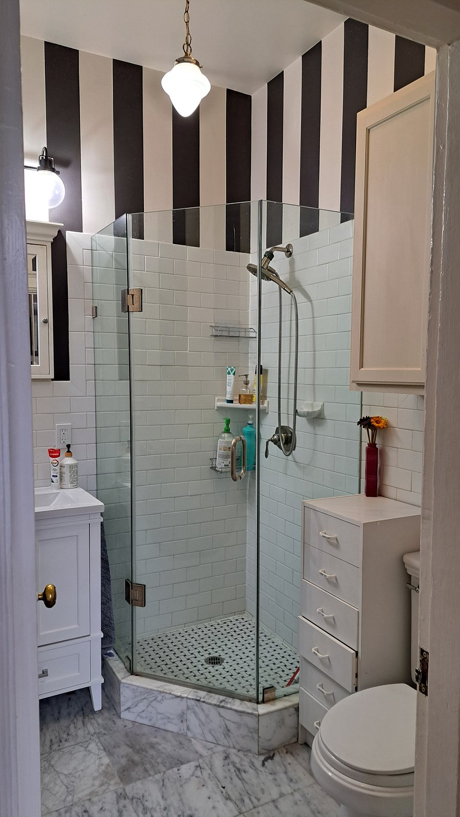 Bathroom includes shower, storage vanity, cupboard over toilet.
