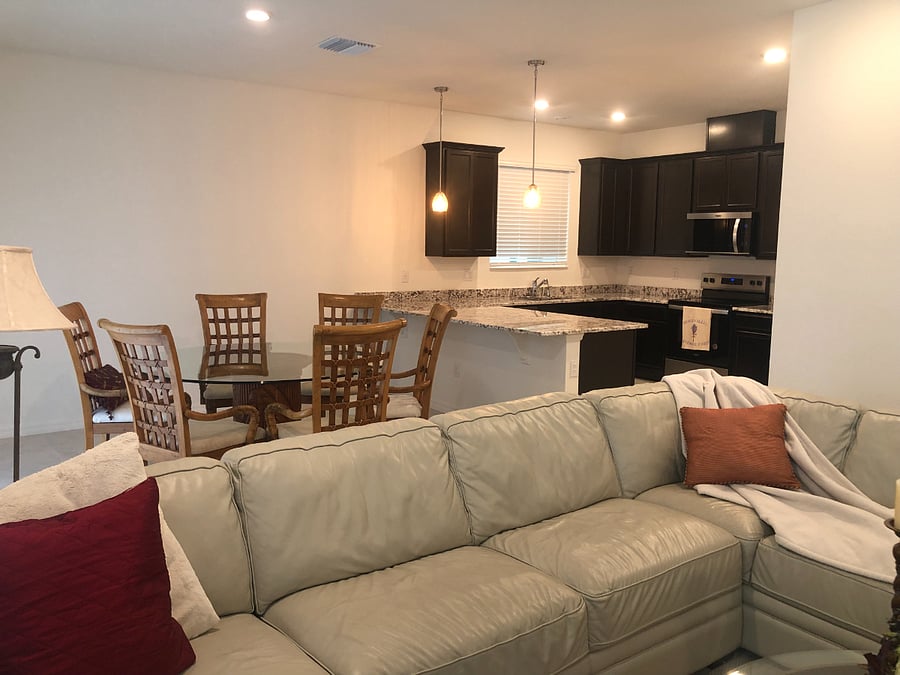 My house has an open floor plan. This is the living room, dining room, and kitchen.