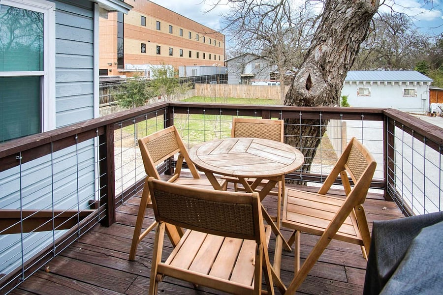 Patio dining with gas grill.