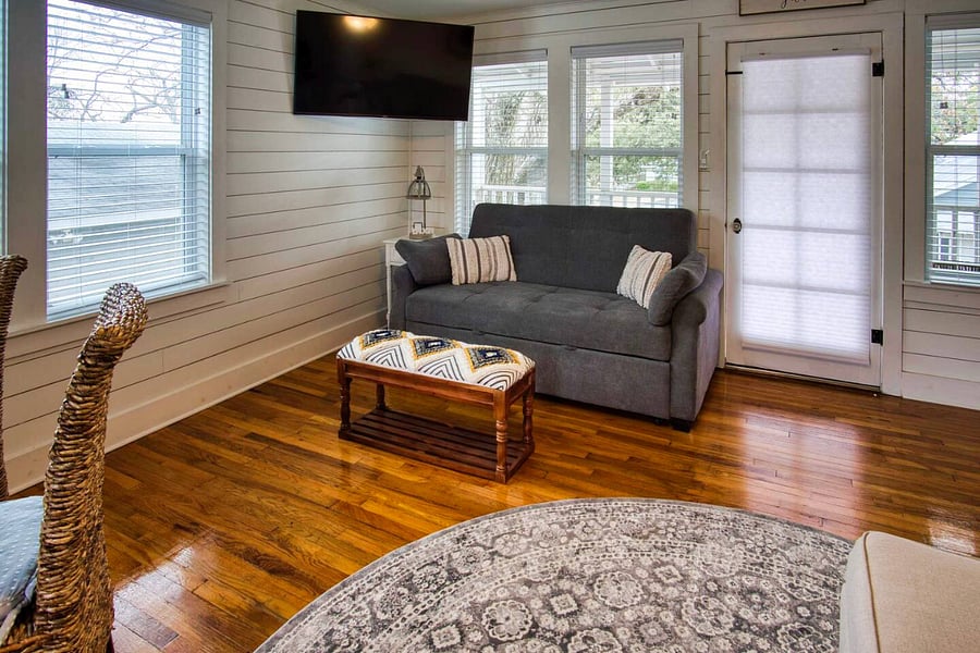 Queen sleeper sofa in living room.