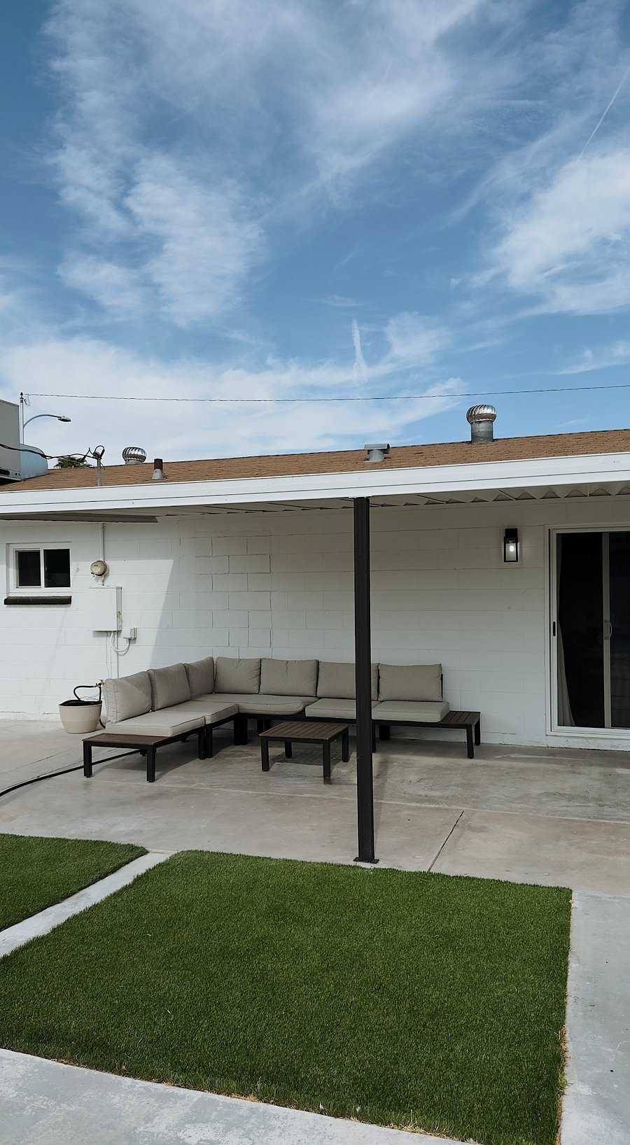 Outdoor seating + hose. 