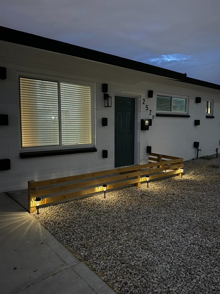 Lit up path, keypad entry.