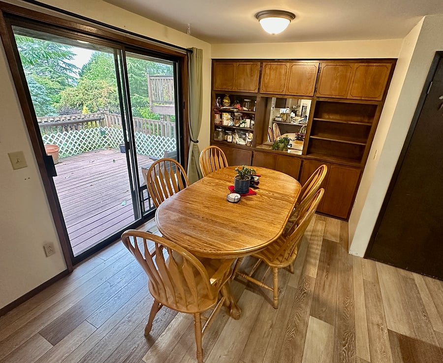 Comfortable dining area with plenty of shelf space for pantry items, with large back porch (shared w/housemates)
