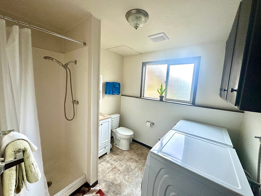 Private bathroom with shower & cabinet storage (note: washer/dryer are shared with upstairs housemates)