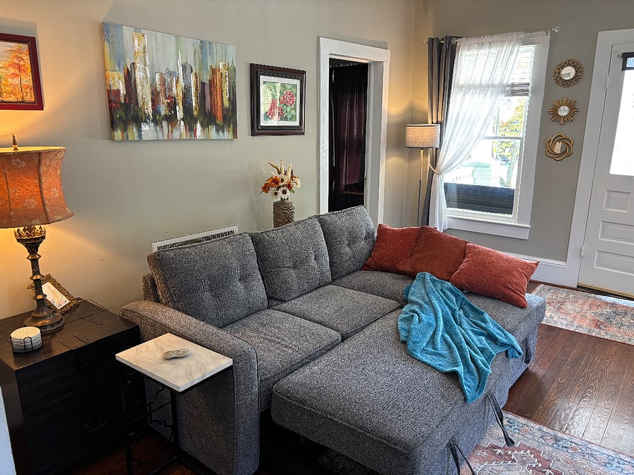 Pull out sofa bed in living room for lounging and watching TV.