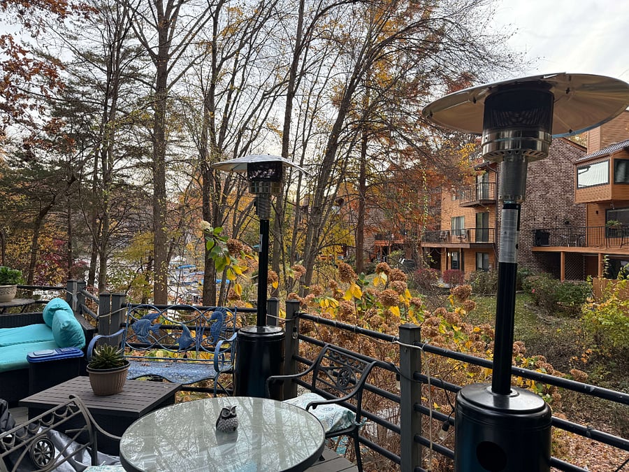 Two restaurant-style outdoor heaters that can be wheeled around the deck to your preferred location.