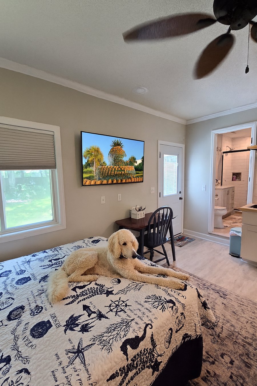 Drop leaf table with 40" Smart TV with pull out arm for easy watching from living area or bed
Labradoodle NOT included! HA!
