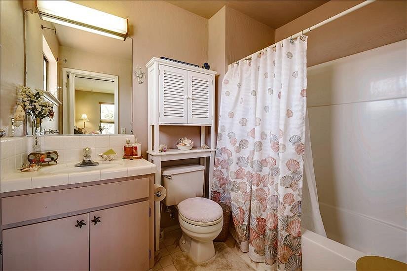 This the attached bathroom with a shower and tub and a window