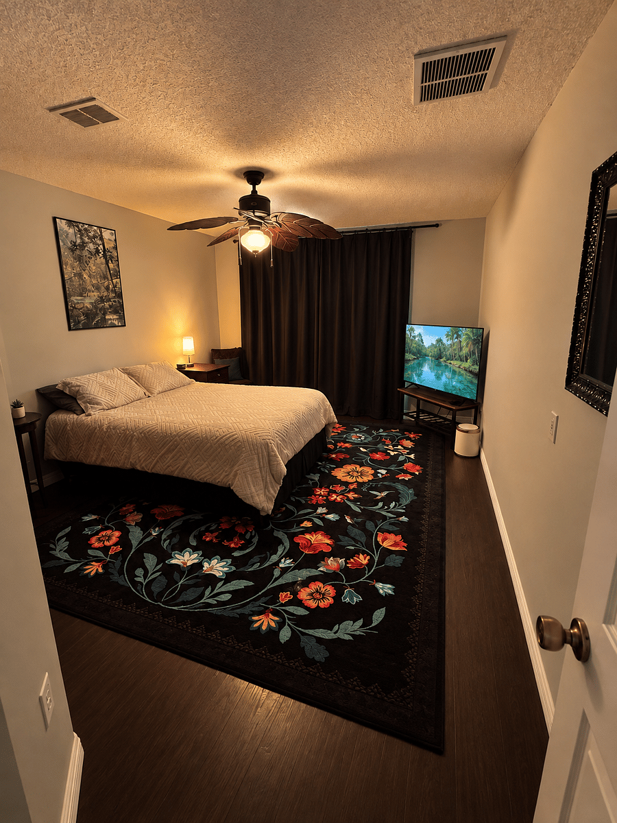 Spare Bedroom 1 with Queen Bed View from the Entry Door * with Blackout Curtains