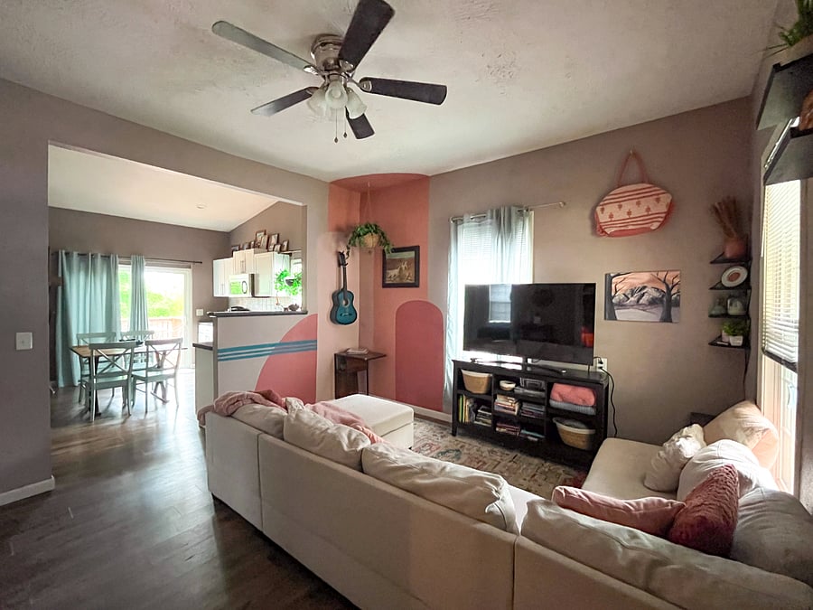 Boho-chic style meets open-concept comfortideal for cooking, dining, and lounging together with family or friends.