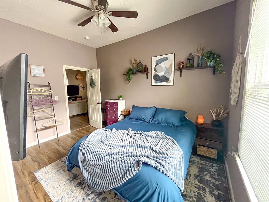 Unwind in your private retreat with a queen memory foam mattress, room-darkening blinds, and your choice of pillows--soft, medium, or firm--for the perfect night's sleep. A dresser & hanging storage help keep things organized.