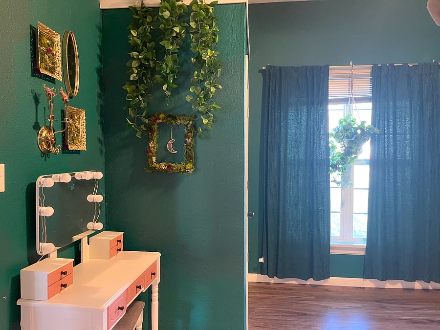Store your wardrobe with ease in a spacious closet. Get ready in style at the lighted vanity with multiple color temp settings, drawers for all your skincare and makeup products & a comfy stool. Blinds & curtains on the large window will help you sleep soundly day or night. 
