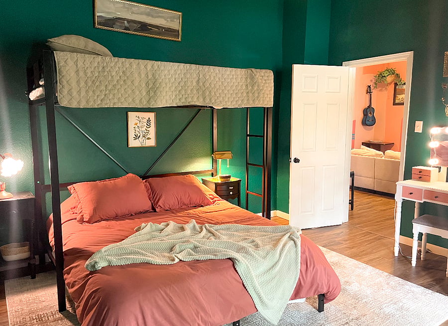 Rest easy on a queen memory foam mattress with a fluffy duvet cover & your choice of soft, medium, and firm pillows--plus cozy lighting with two nightstands and lamps. 