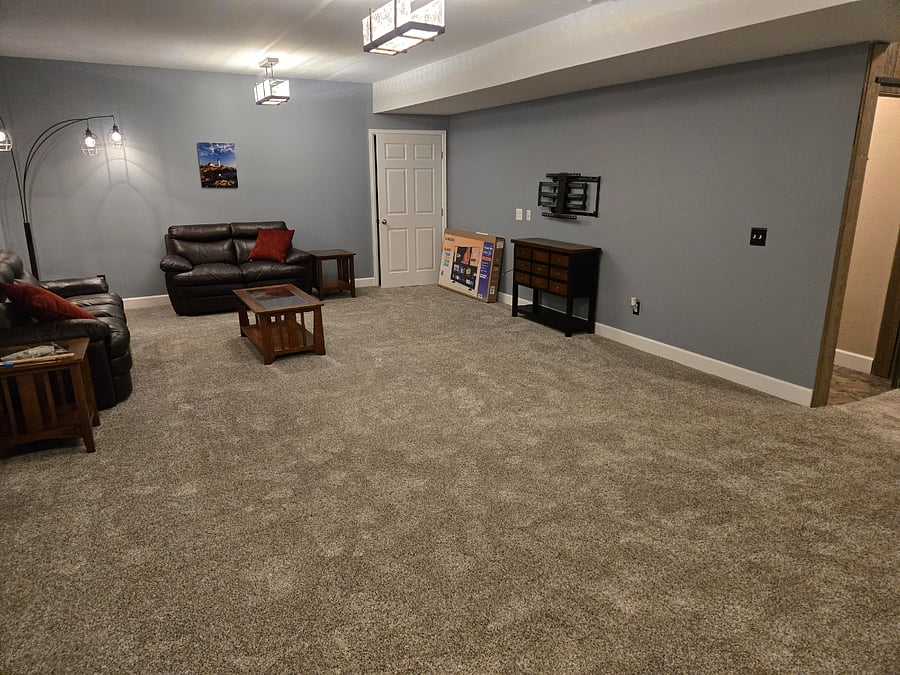 BIG Great room in basement with couches and wall mounted Smart TV(not pictured) for separate living space. Tons of lighting and 2 windows!