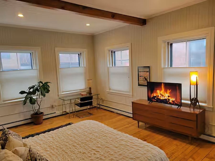 bedroom features tv, workstation, and open space and light
