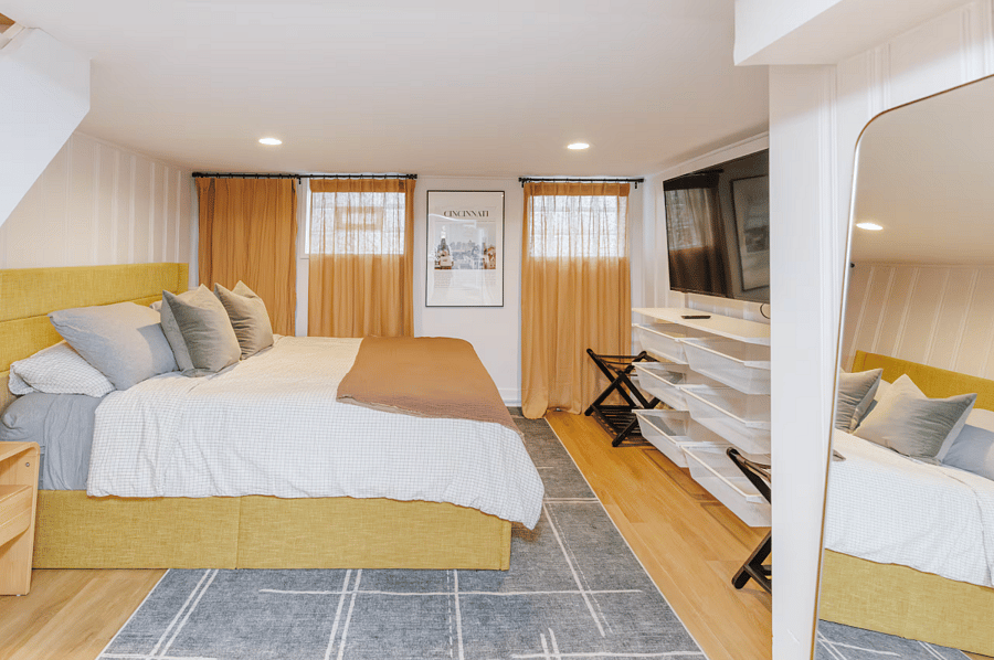 Bedroom 1 with a queen bed and lots of storage. Bedroom located in finished basement.
Equipped with a smart TV