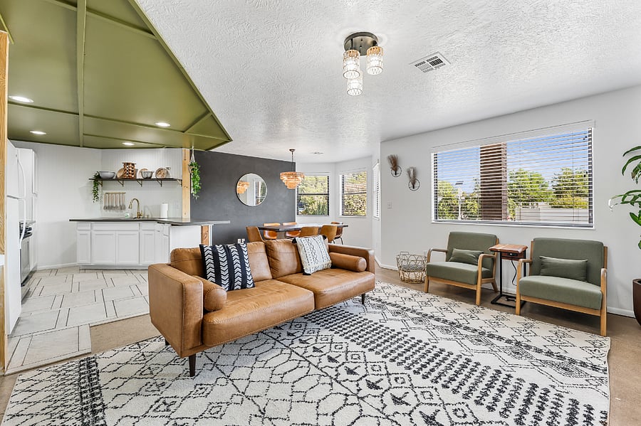 Living, dining and kitchen. Large windows for a lot of light. 