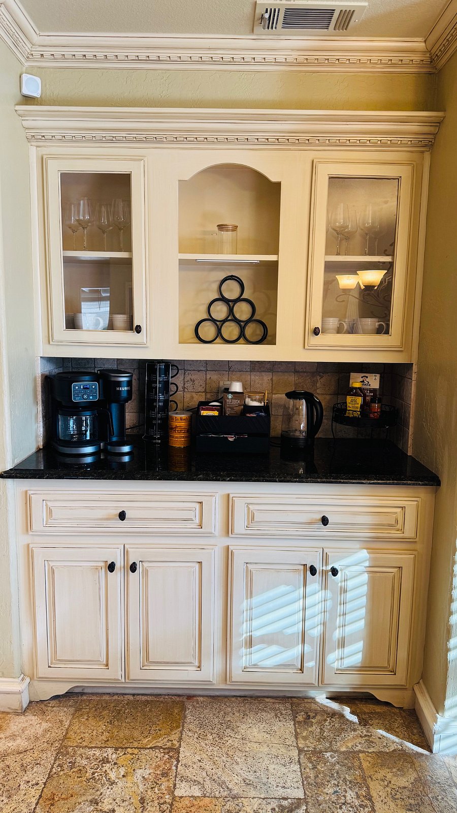 Enjoy a thoughtfully stocked tea, coffee, and breakfast station for a relaxed, easy start each morning
