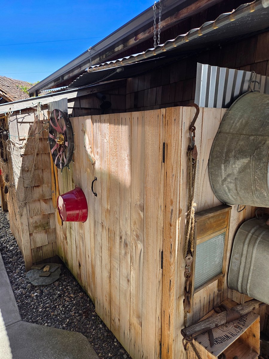 Shows the covered outside shower.