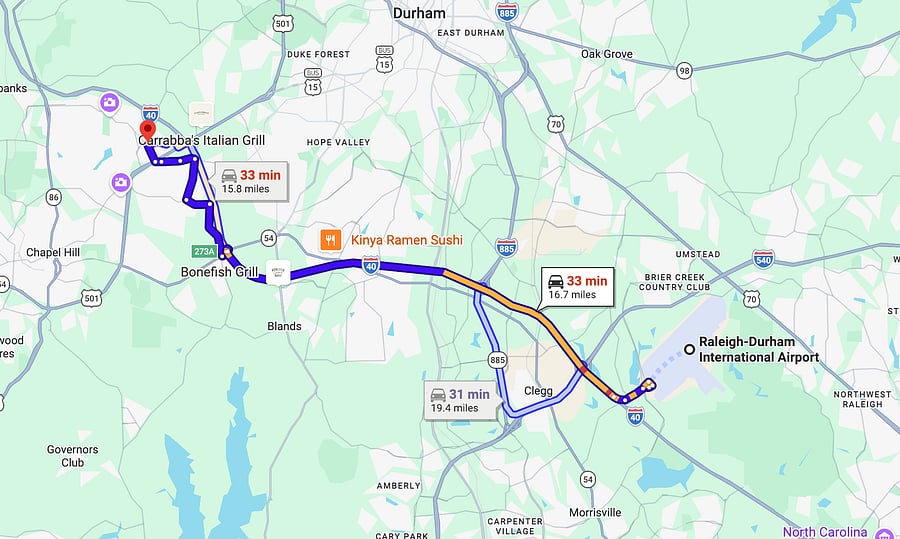 Travel Time to RDU Raleigh-Durham Int'l Airport. Car service is *approximately* $30 off-peak.